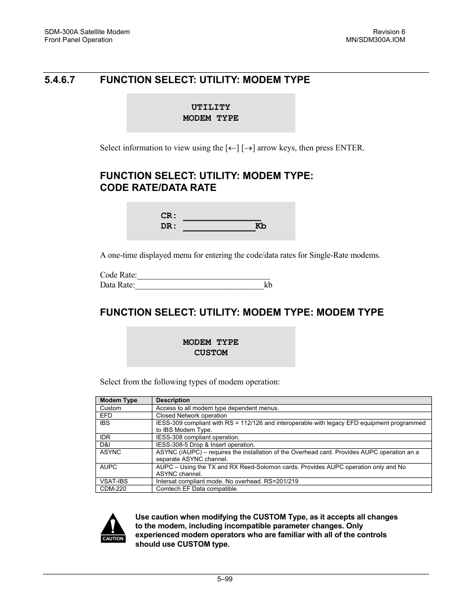 Function select: utility: modem type, Function select: utility: modem type: modem type, 7 function select: utility: modem type | Comtech EF Data SDM-300A User Manual | Page 193 / 470