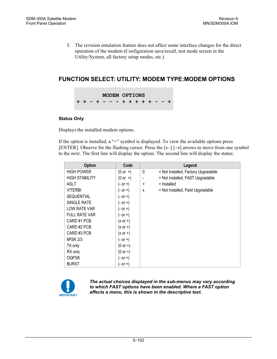 Function select: utility: modem type:modem options | Comtech EF Data SDM-300A User Manual | Page 196 / 470