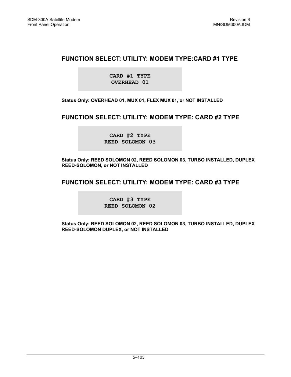 Function select: utility: modem type:card #1 type, Function select: utility: modem type: card #2 type, Function select: utility: modem type: card #3 type | Comtech EF Data SDM-300A User Manual | Page 197 / 470