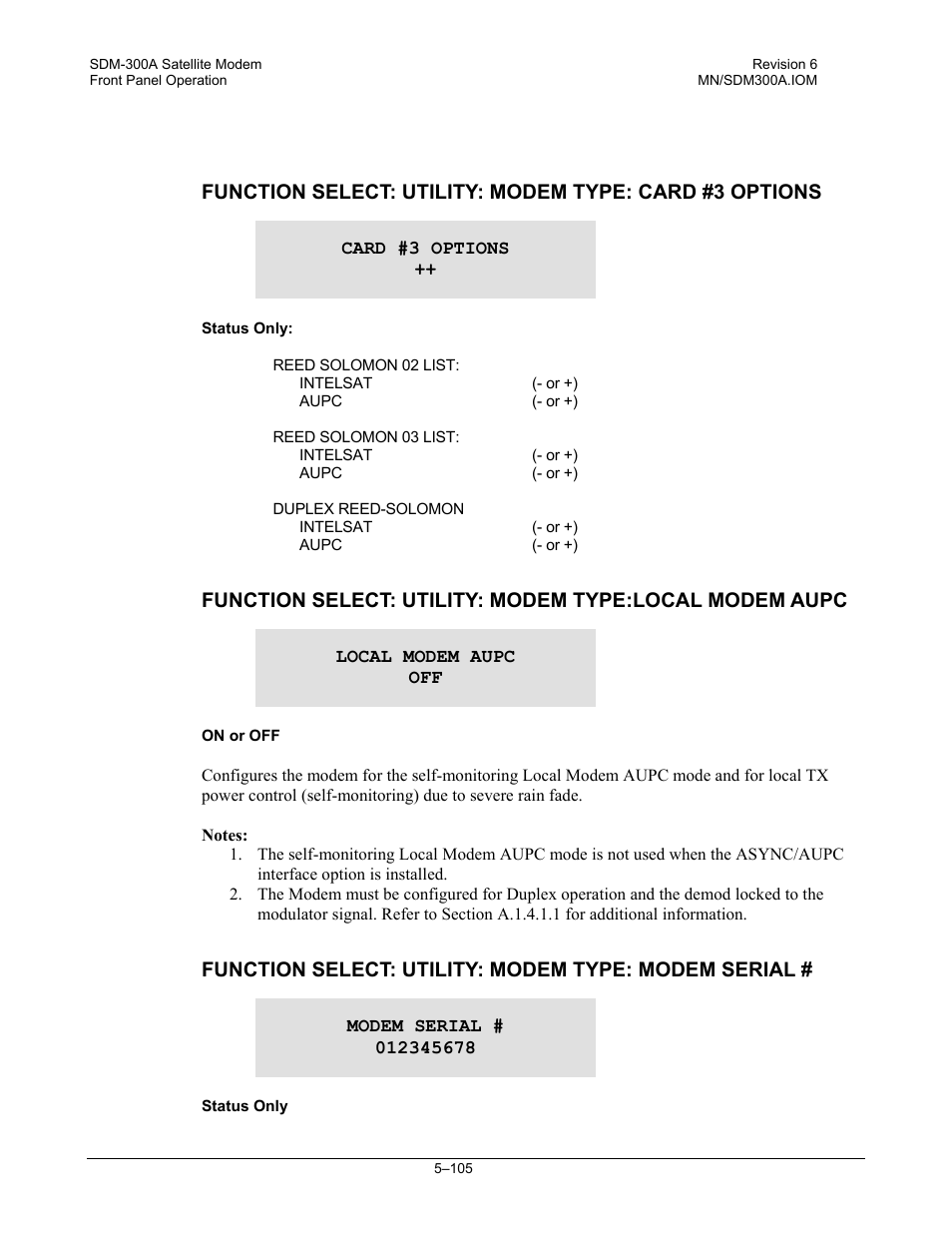 Function select: utility: modem type: modem serial | Comtech EF Data SDM-300A User Manual | Page 199 / 470