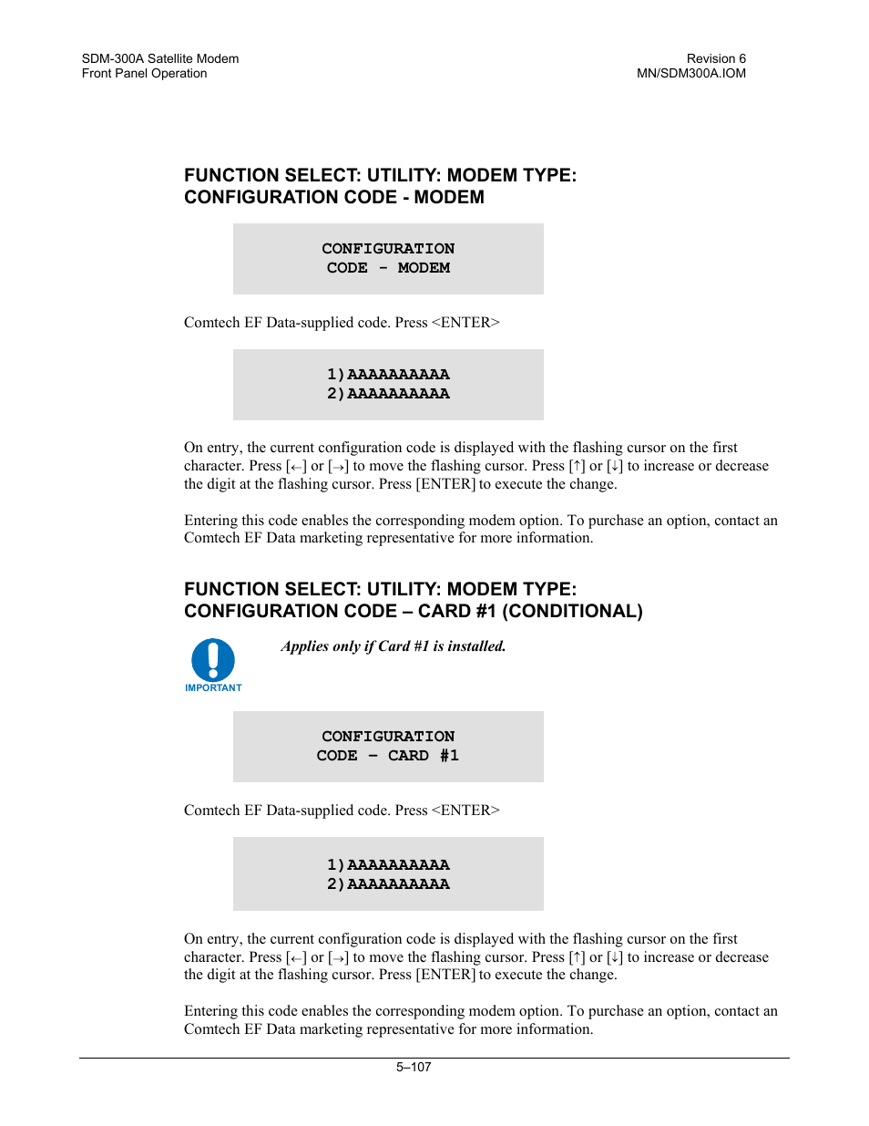 Function select: utility: modem type: configurat | Comtech EF Data SDM-300A User Manual | Page 201 / 470