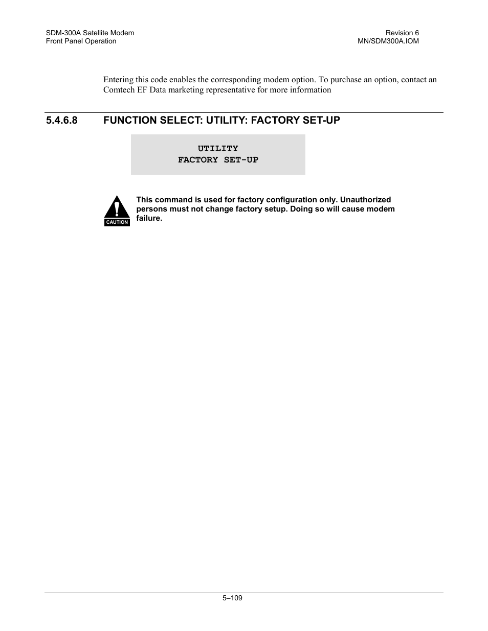 Function select: utility: factory set-up, 8 function select: utility: factory set-up | Comtech EF Data SDM-300A User Manual | Page 203 / 470