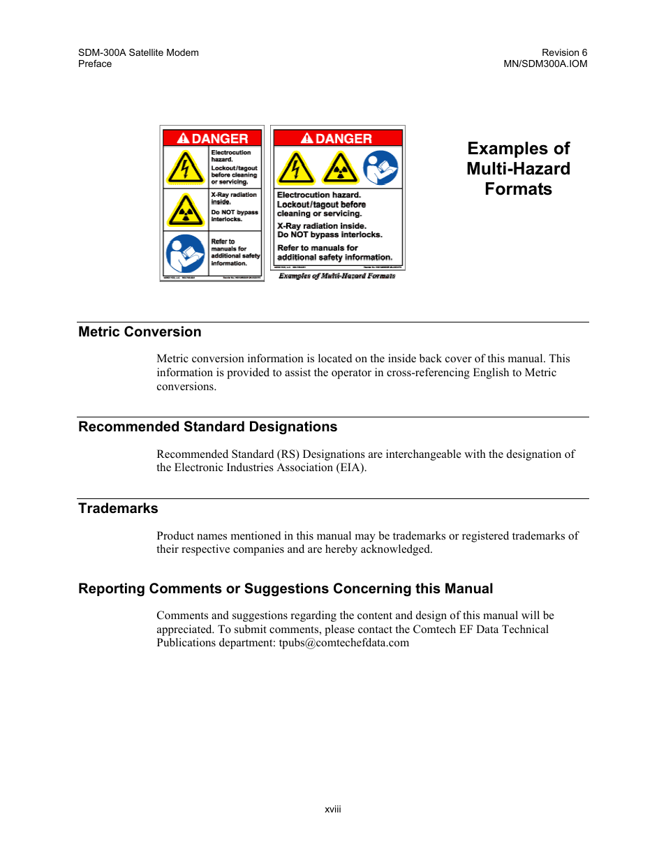 Metric conversion, Recommended standard designations, Trademarks | Examples of multi-hazard formats | Comtech EF Data SDM-300A User Manual | Page 22 / 470