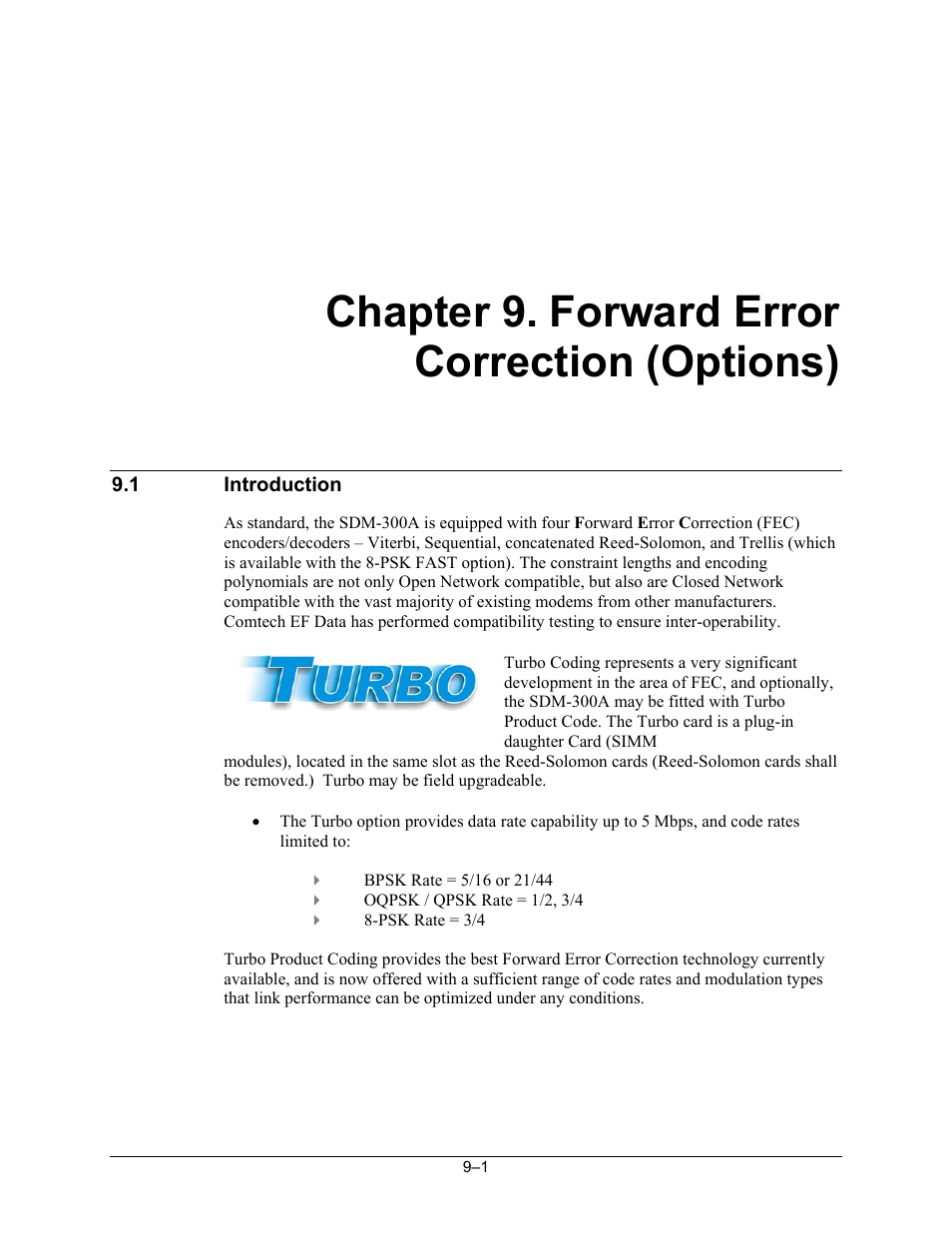 Forward error correction (options), Introduction, Chapter 9. forward error correction (options) | Comtech EF Data SDM-300A User Manual | Page 237 / 470