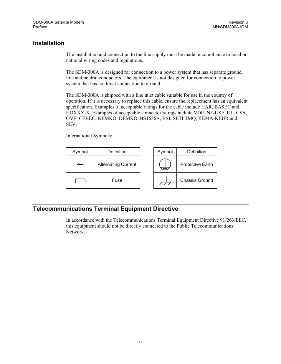 Installation, Telecommunications terminal equipment directive | Comtech EF Data SDM-300A User Manual | Page 24 / 470