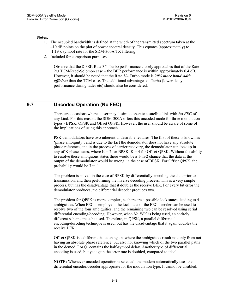 Uncoded operation (no fec), 7 uncoded operation (no fec) | Comtech EF Data SDM-300A User Manual | Page 245 / 470