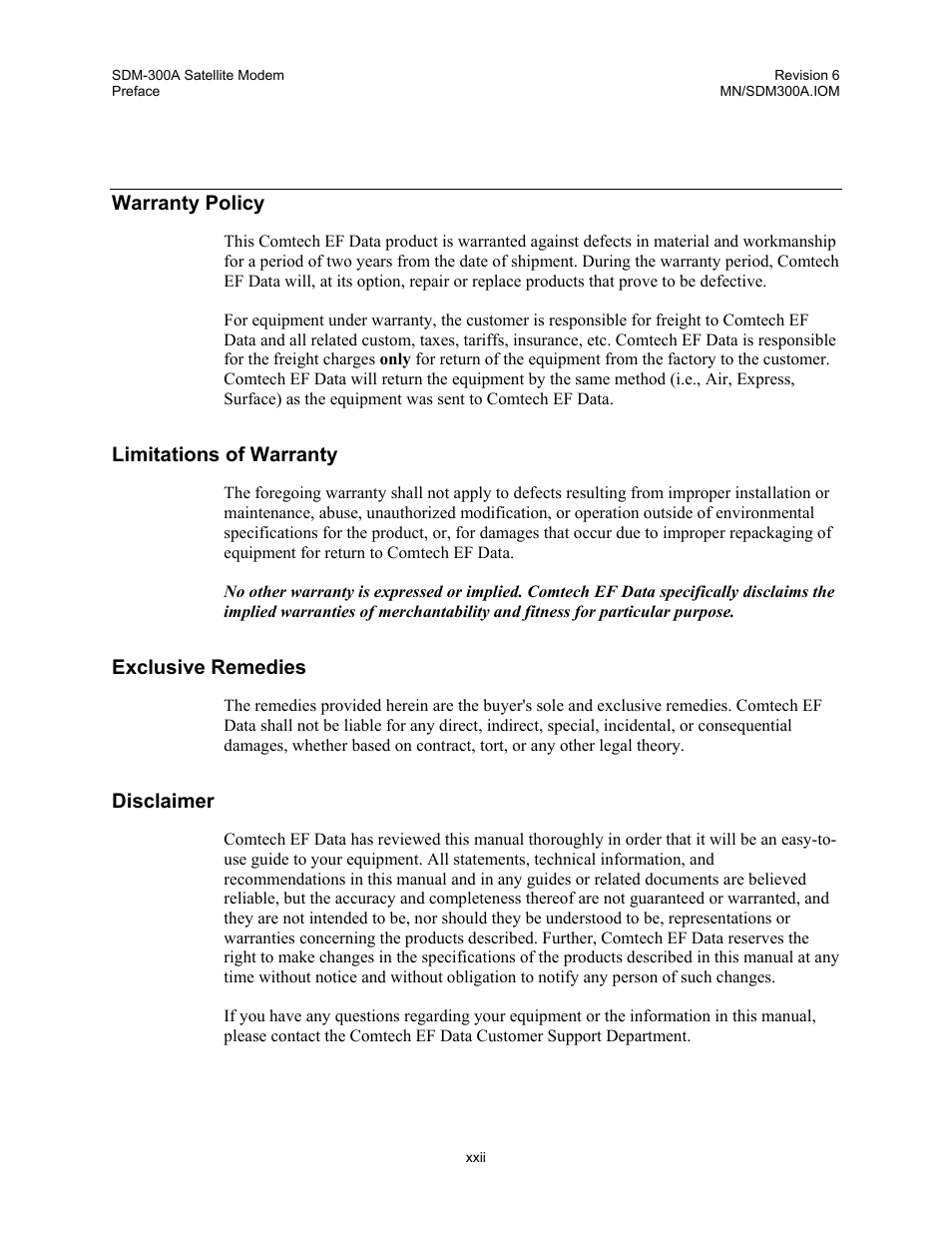 Warranty policy, Limitations of warranty, Exclusive remedies | Disclaimer | Comtech EF Data SDM-300A User Manual | Page 26 / 470