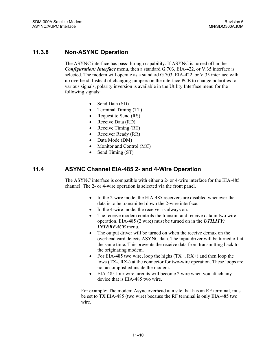 Non-async operation, Async channel eia-485 2- and 4-wire operation | Comtech EF Data SDM-300A User Manual | Page 292 / 470