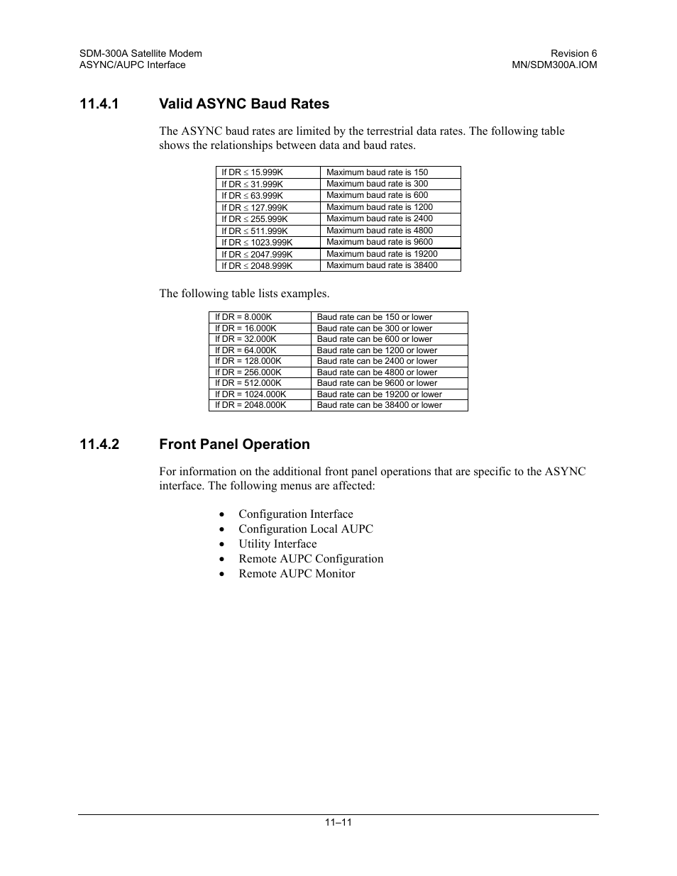 Valid async baud rates, Front panel operation, 1 valid async baud rates | 2 front panel operation, The following table lists examples | Comtech EF Data SDM-300A User Manual | Page 293 / 470