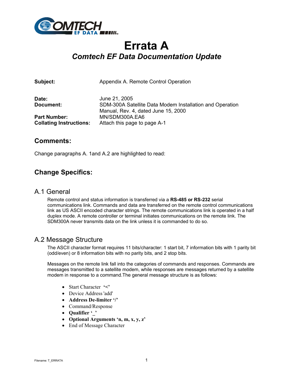Errata a, A.1 general, A.2 message structure | Comtech ef data documentation update | Comtech EF Data SDM-300A User Manual | Page 3 / 470