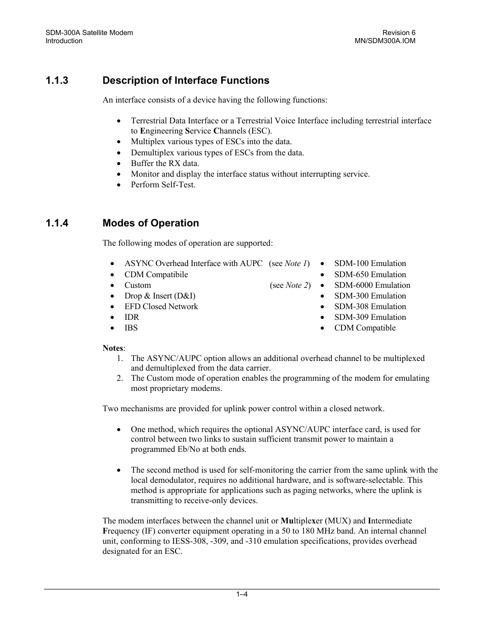 Description of interface functions, Modes of operation | Comtech EF Data SDM-300A User Manual | Page 30 / 470