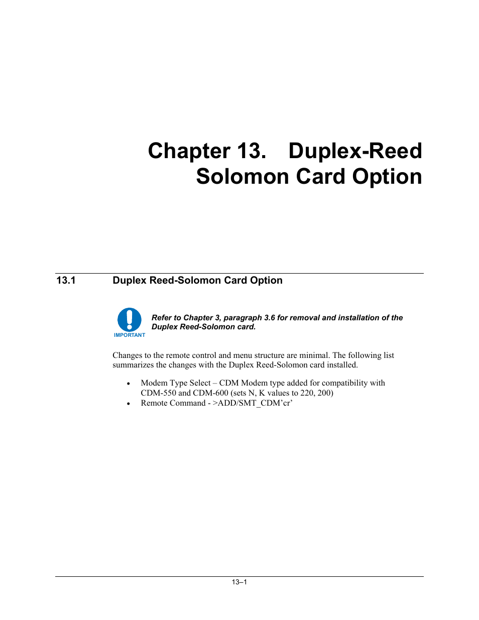 Duplex-reed solomon card option, Duplex reed-solomon card option, Chapter 13. duplex-reed solomon card option | Comtech EF Data SDM-300A User Manual | Page 313 / 470