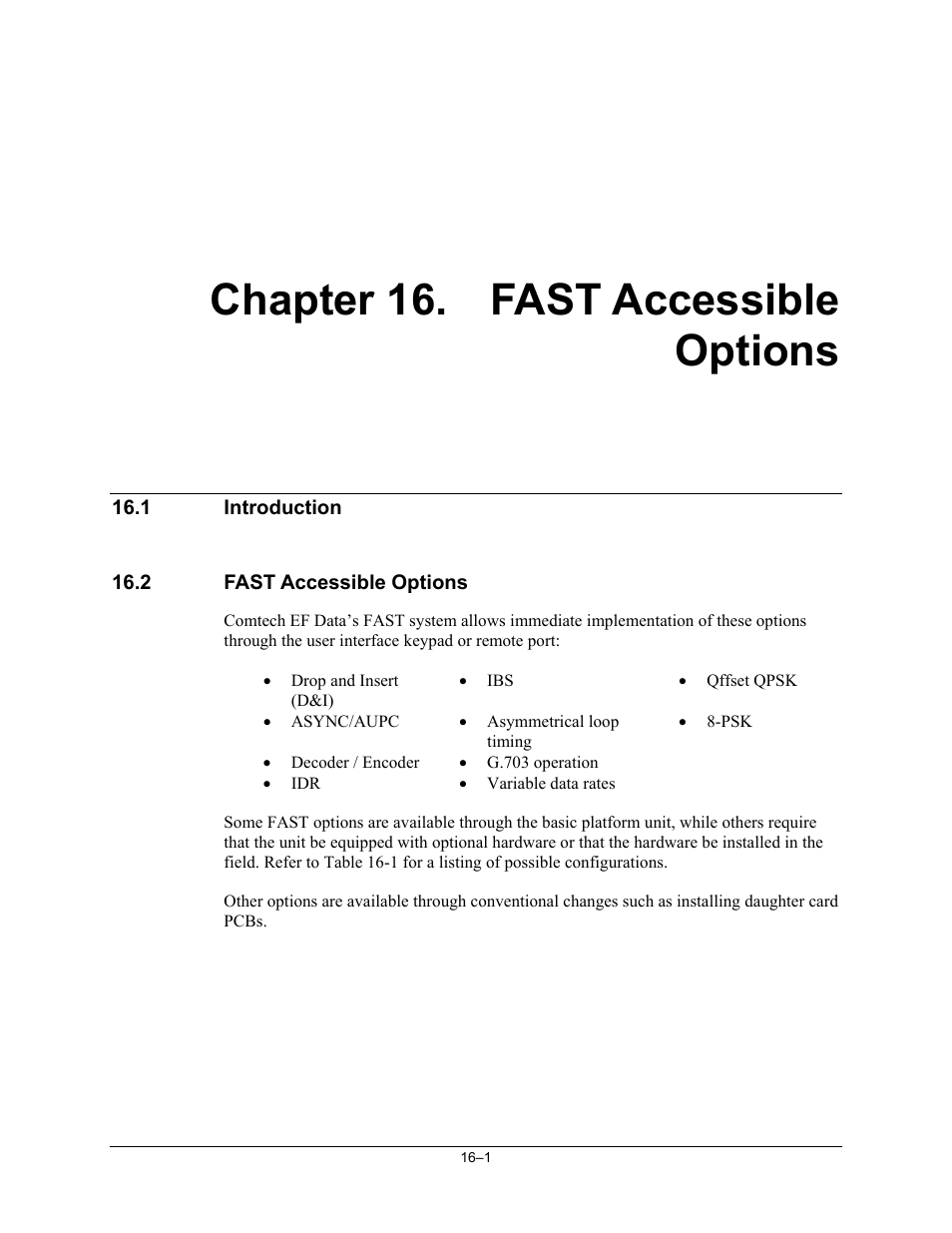 Fast accessible options, Introduction, Chapter 16. fast accessible options | Comtech EF Data SDM-300A User Manual | Page 329 / 470