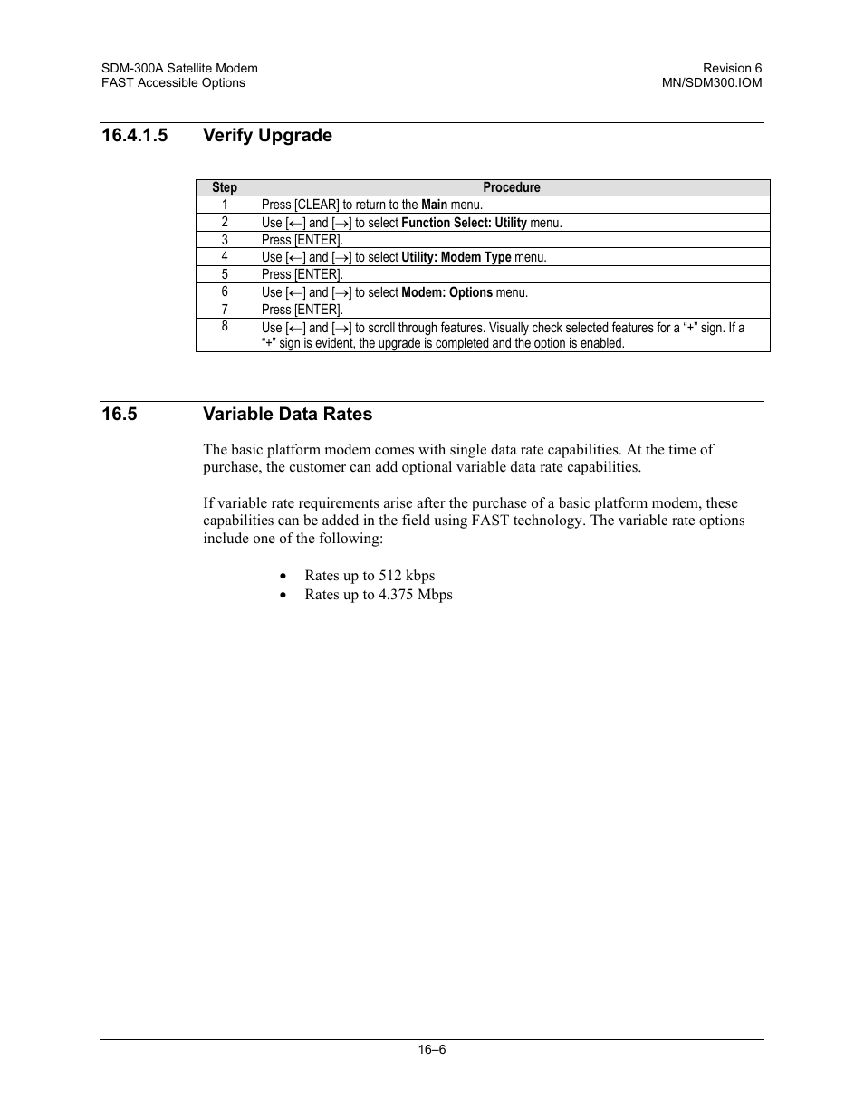 Verify upgrade, Variable data rates, 5 verify upgrade | 5 variable data rates | Comtech EF Data SDM-300A User Manual | Page 334 / 470