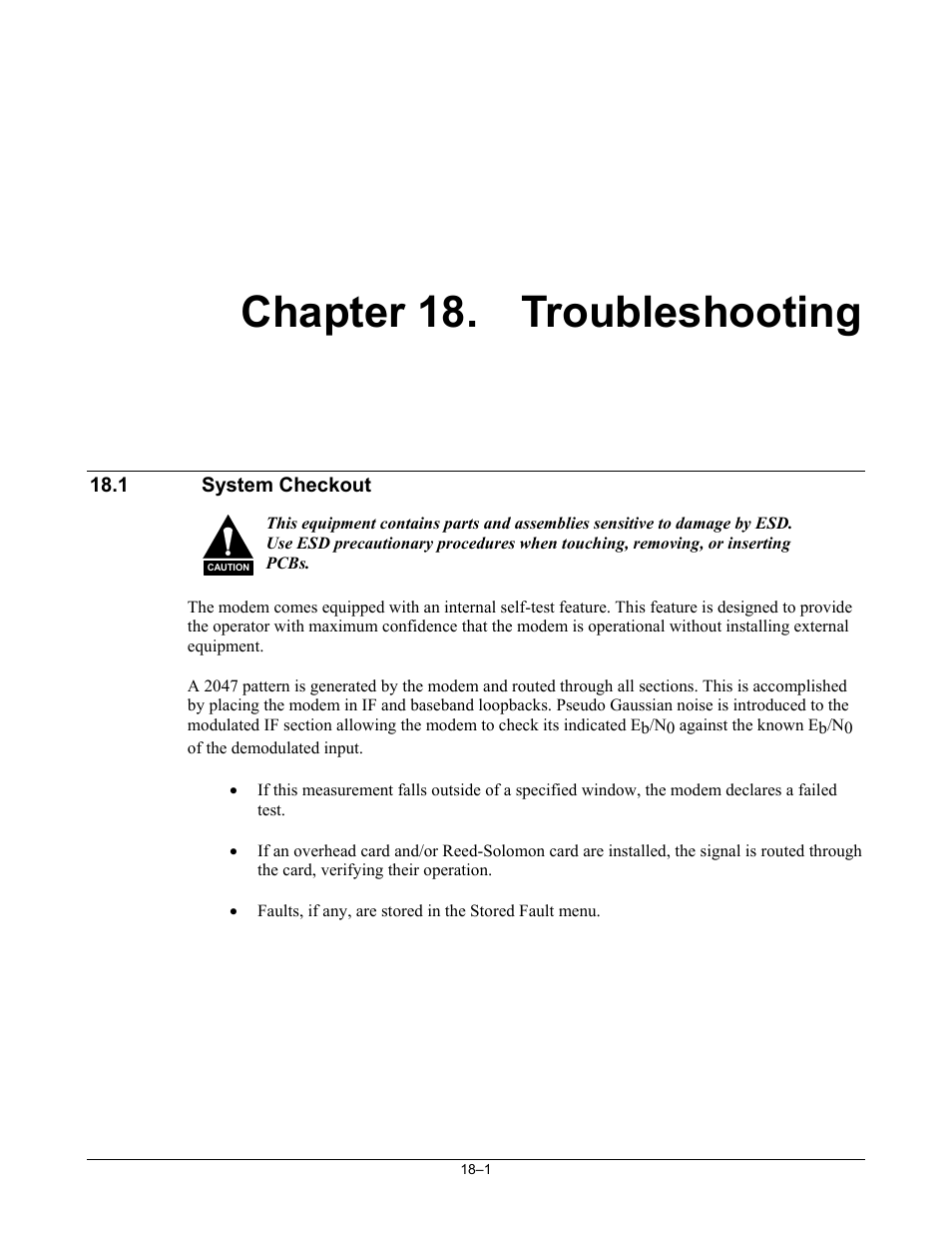 Troubleshooting, System checkout, Chapter 18. troubleshooting | Comtech EF Data SDM-300A User Manual | Page 337 / 470