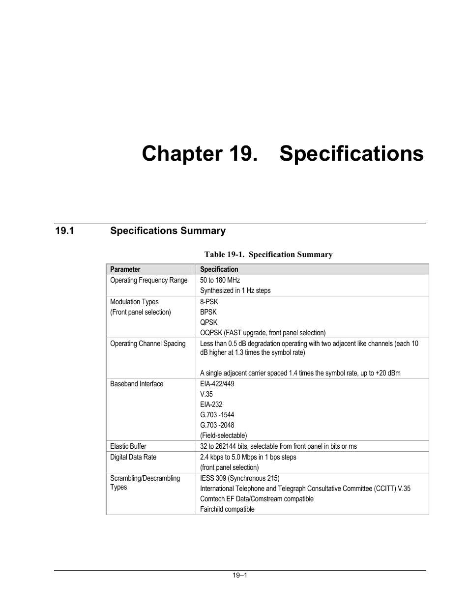 Specifications, Specifications summary, Chapter 19. specifications | Comtech EF Data SDM-300A User Manual | Page 357 / 470