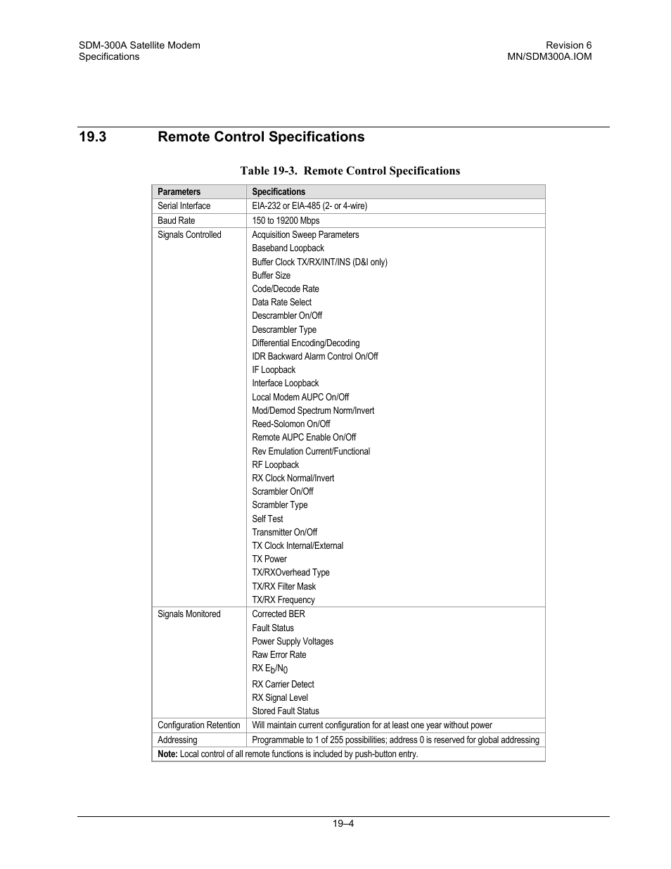 Remote control specifications, 3 remote control specifications | Comtech EF Data SDM-300A User Manual | Page 360 / 470