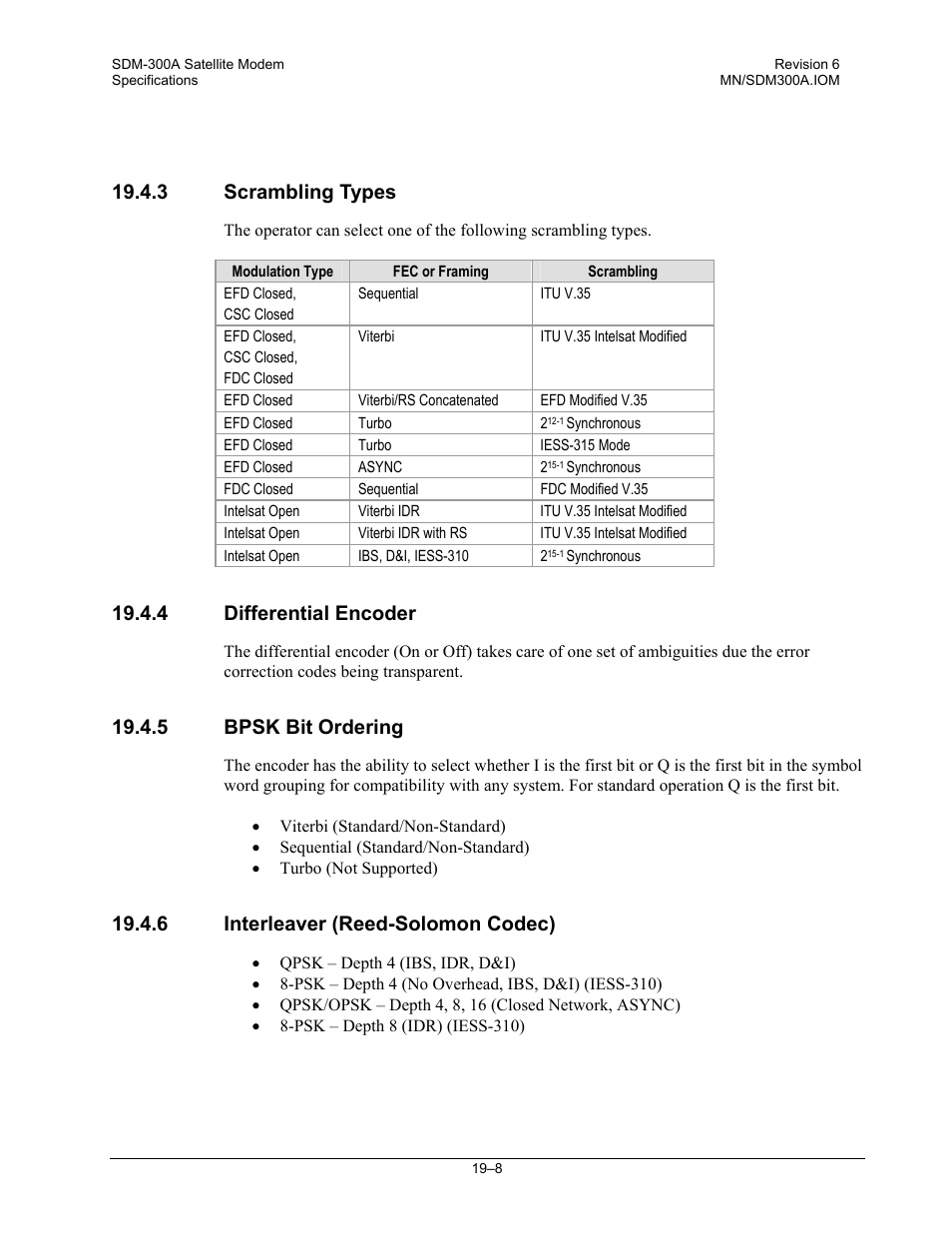 Scrambling types, Differential encoder, Bpsk bit ordering | Interleaver (reed-solomon codec), 3 scrambling types, 4 differential encoder, 5 bpsk bit ordering, 6 interleaver (reed-solomon codec) | Comtech EF Data SDM-300A User Manual | Page 364 / 470