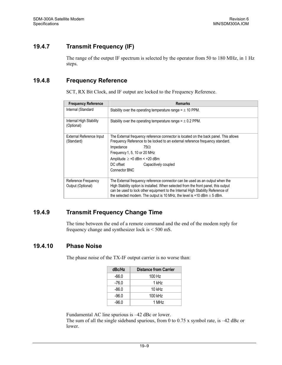 Transmit frequency (if), Frequency reference, Transmit frequency change time | Phase noise, 7 transmit frequency (if), 8 frequency reference, 9 transmit frequency change time, 10 phase noise | Comtech EF Data SDM-300A User Manual | Page 365 / 470