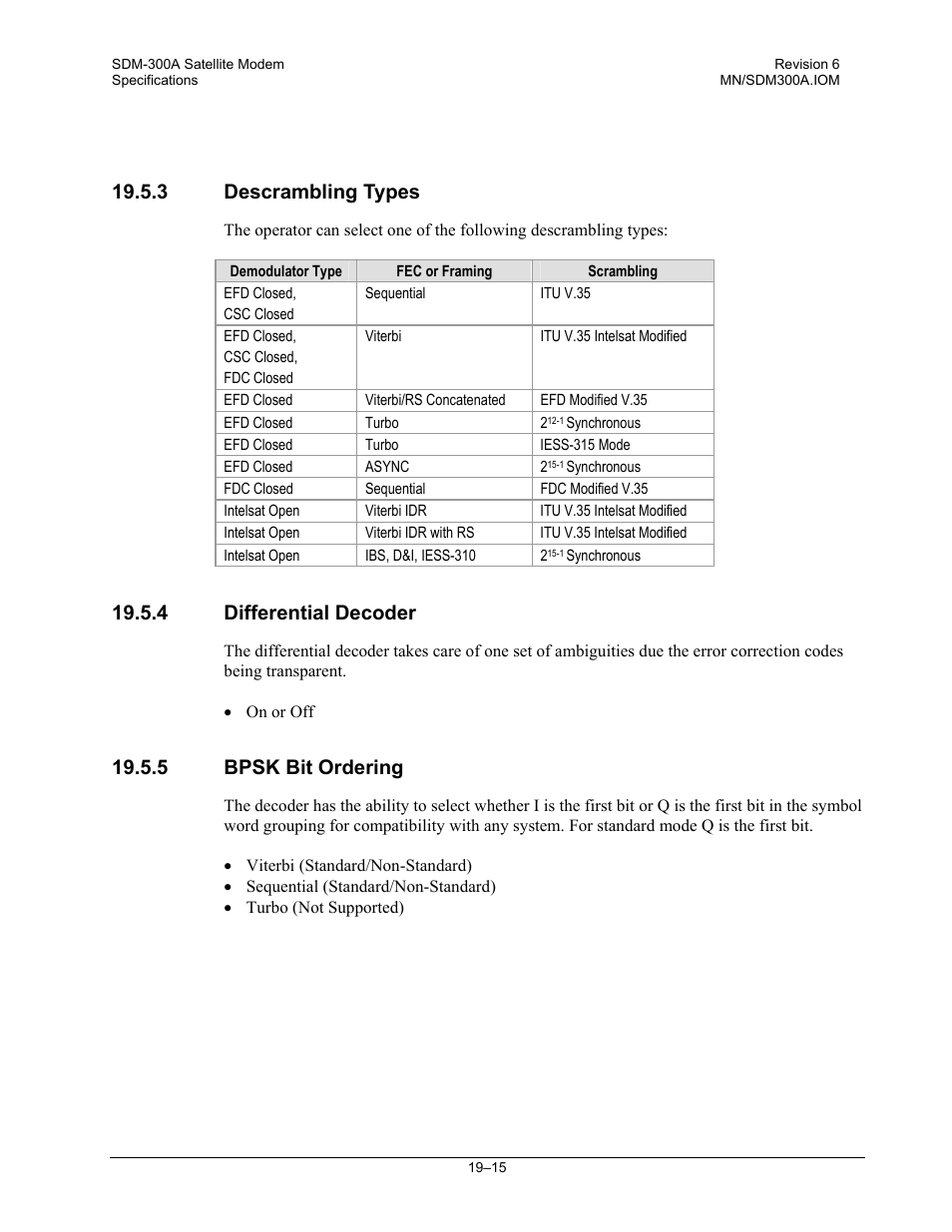 Descrambling types, Differential decoder, Bpsk bit ordering | 3 descrambling types, 4 differential decoder, 5 bpsk bit ordering | Comtech EF Data SDM-300A User Manual | Page 371 / 470