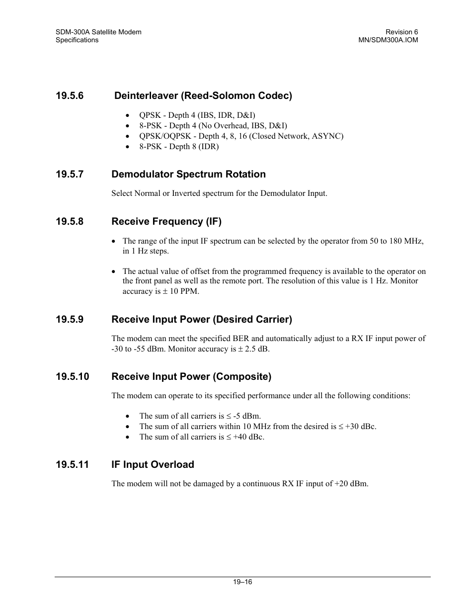 Deinterleaver (reed-solomon codec), Demodulator spectrum rotation, Receive frequency (if) | Receive input power (desired carrier), Receive input power (composite), If input overload | Comtech EF Data SDM-300A User Manual | Page 372 / 470