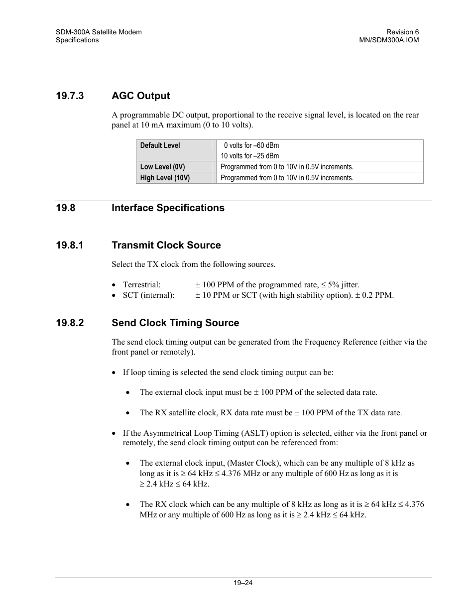 Agc output, Interface specifications, Transmit clock source | Send clock timing source | Comtech EF Data SDM-300A User Manual | Page 380 / 470