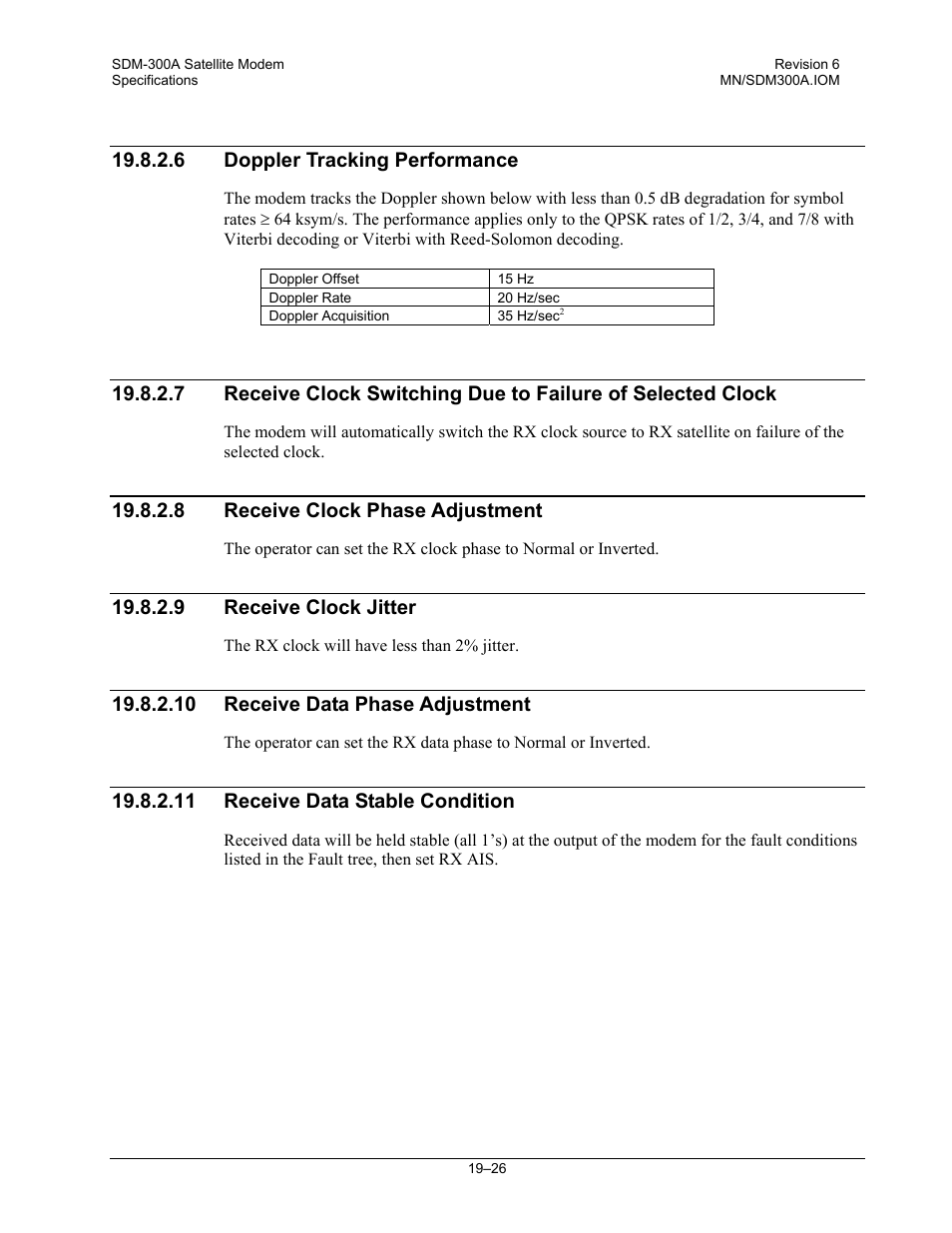 Doppler tracking performance, Receive clock phase adjustment, Receive clock jitter | Receive data phase adjustment, Receive data stable condition | Comtech EF Data SDM-300A User Manual | Page 382 / 470