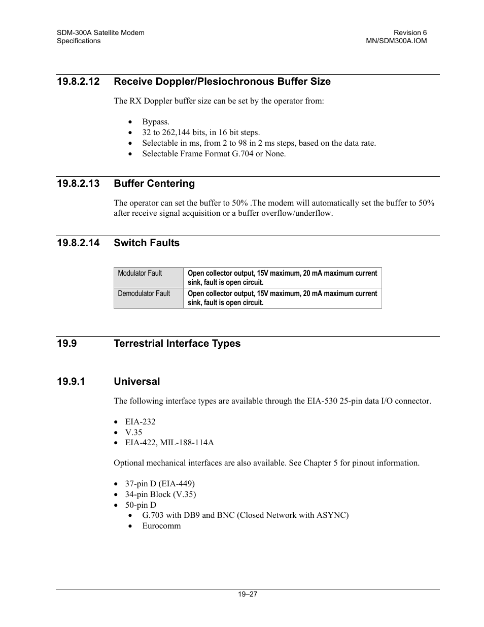 Receive doppler/plesiochronous buffer size, Buffer centering, Switch faults | Terrestrial interface types, Universal | Comtech EF Data SDM-300A User Manual | Page 383 / 470