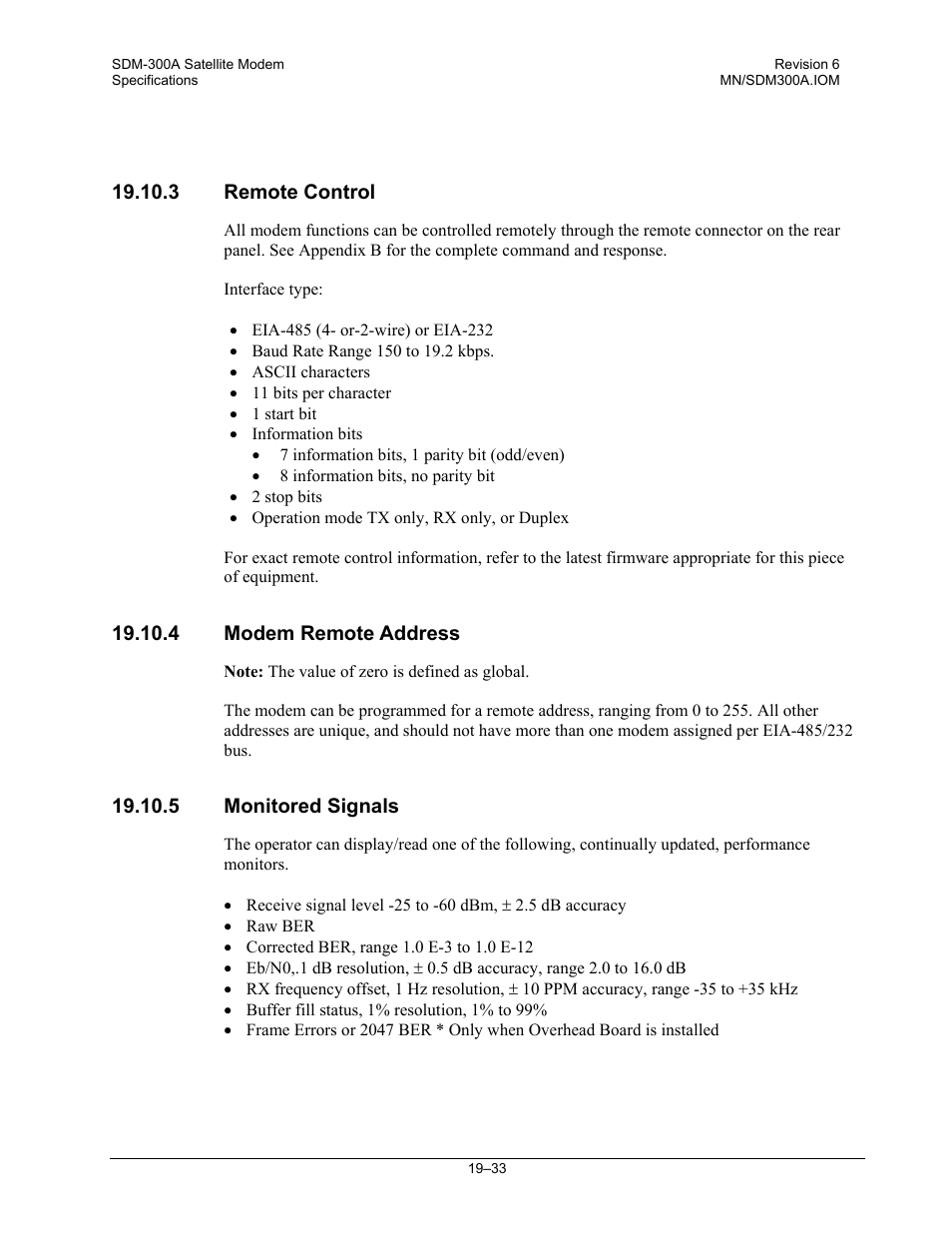 Remote control, Modem remote address, Monitored signals | Comtech EF Data SDM-300A User Manual | Page 389 / 470