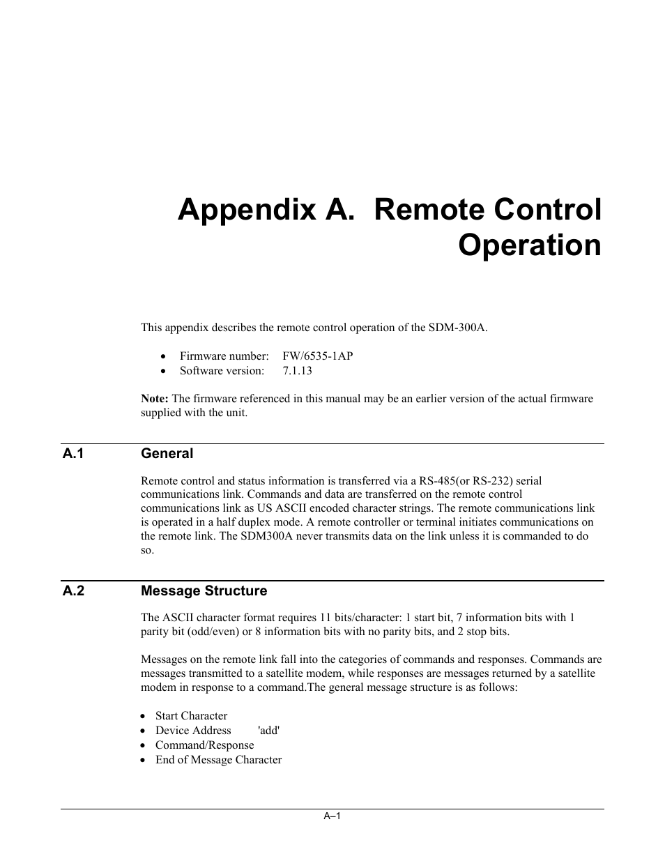 Remote control operation, General, Message structure | Appendix a. remote control operation | Comtech EF Data SDM-300A User Manual | Page 393 / 470