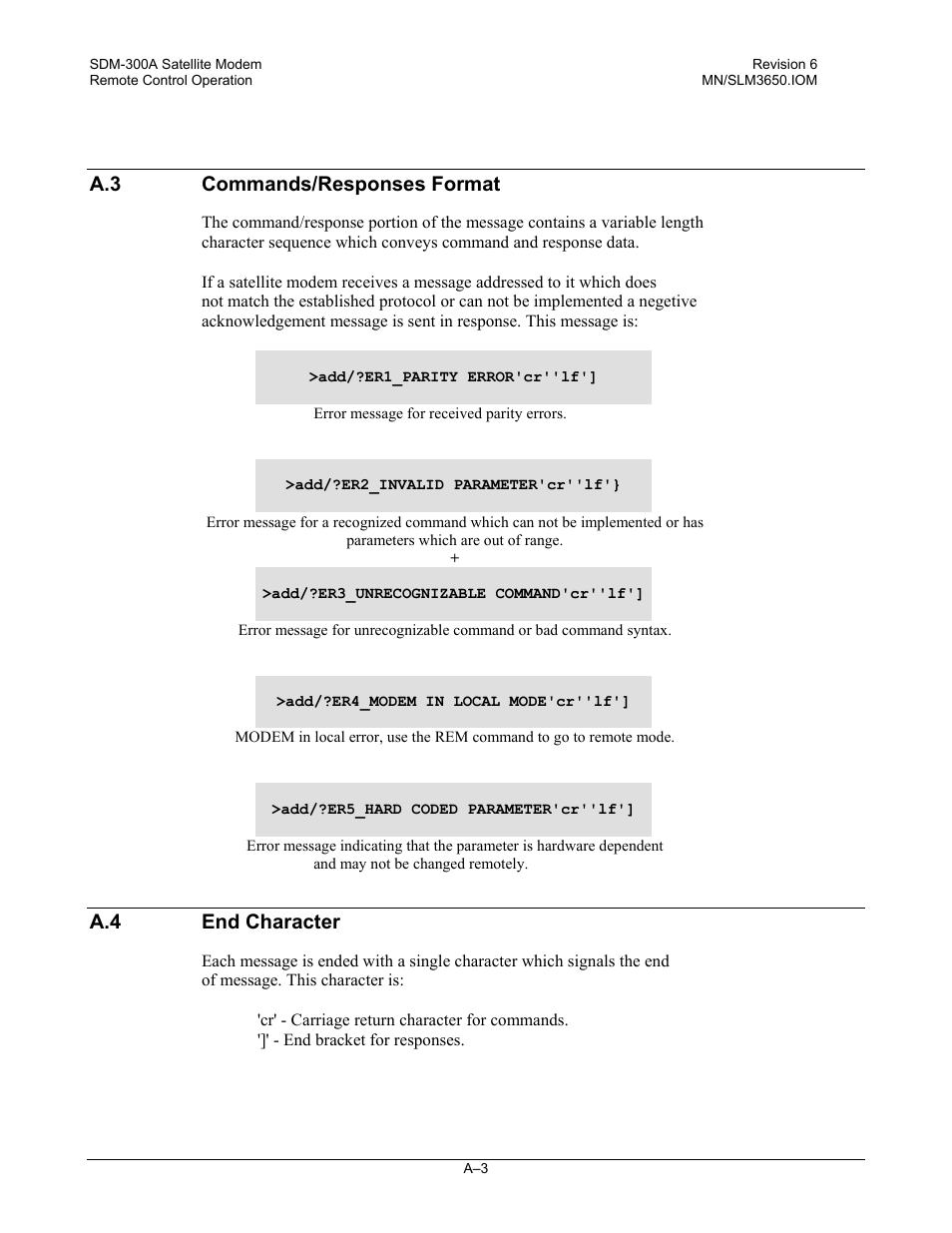 Commands/responses format, End character, A.3 commands/responses format | A.4 end character | Comtech EF Data SDM-300A User Manual | Page 395 / 470