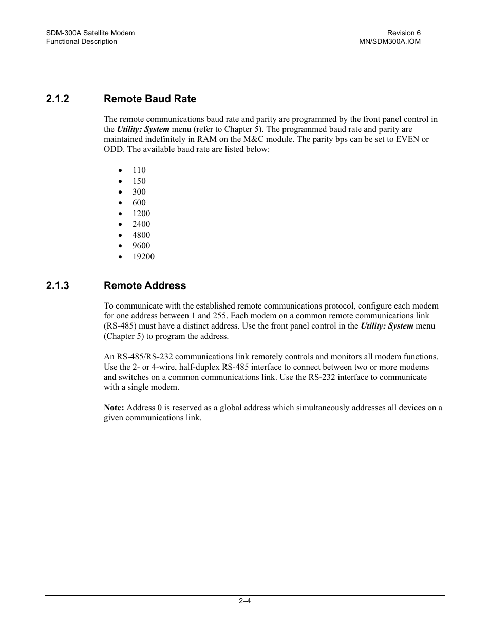 Remote baud rate, Remote address | Comtech EF Data SDM-300A User Manual | Page 44 / 470