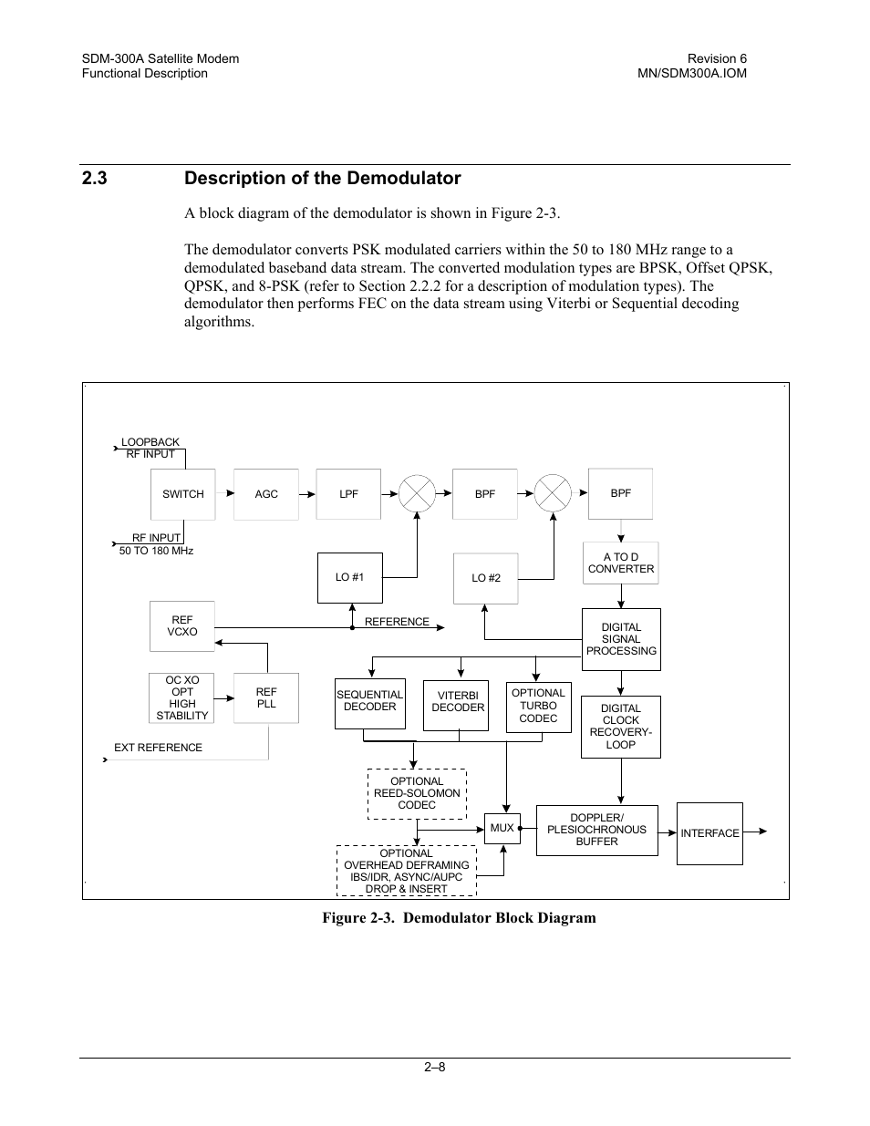 Description of the demodulator, 3 description of the demodulator, Figure 2-3. demodulator block diagram | Comtech EF Data SDM-300A User Manual | Page 48 / 470