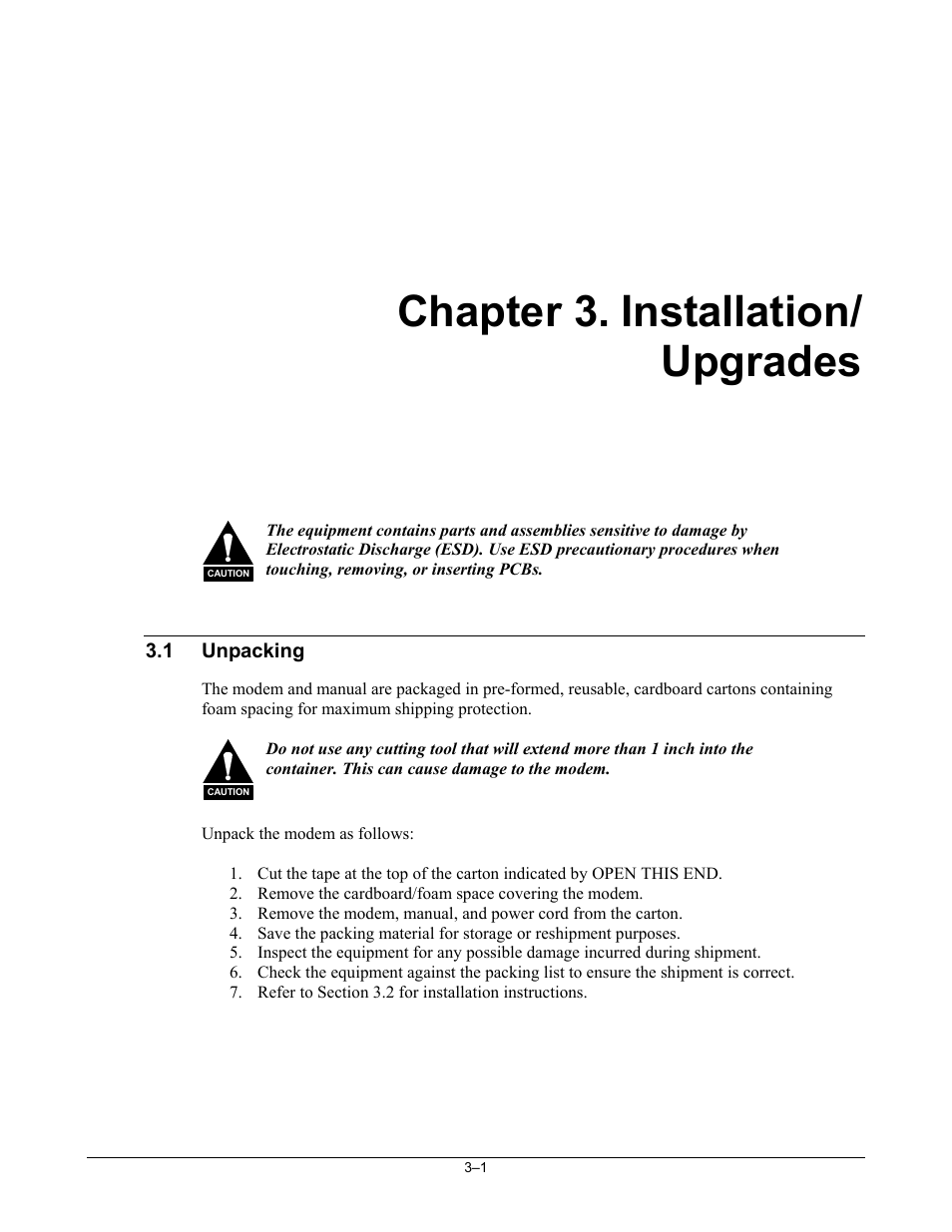 Installation/ upgrades, Unpacking, Chapter 3. installation/ upgrades | Comtech EF Data SDM-300A User Manual | Page 57 / 470