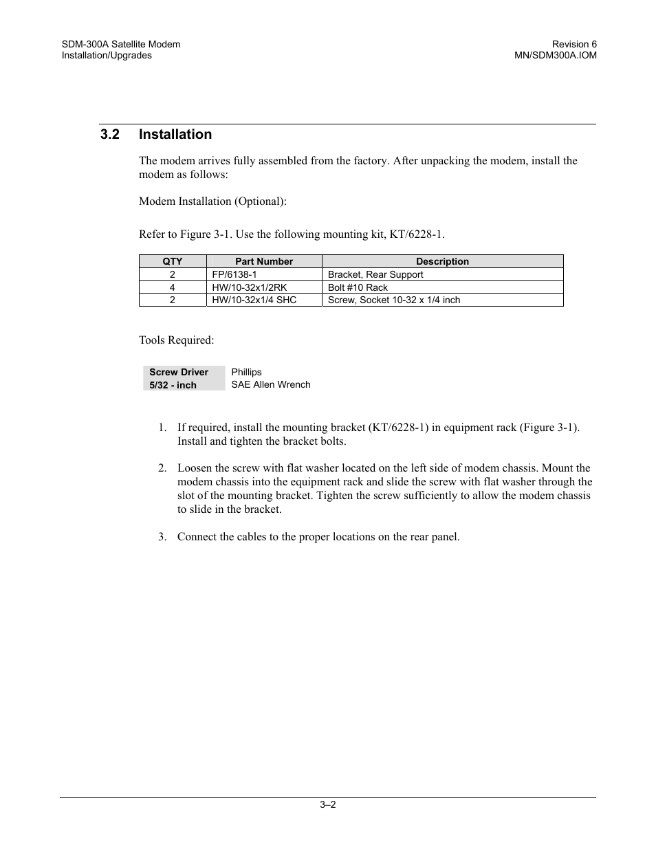 Installation, Modem installation (optional), Tools required | 2 installation | Comtech EF Data SDM-300A User Manual | Page 58 / 470