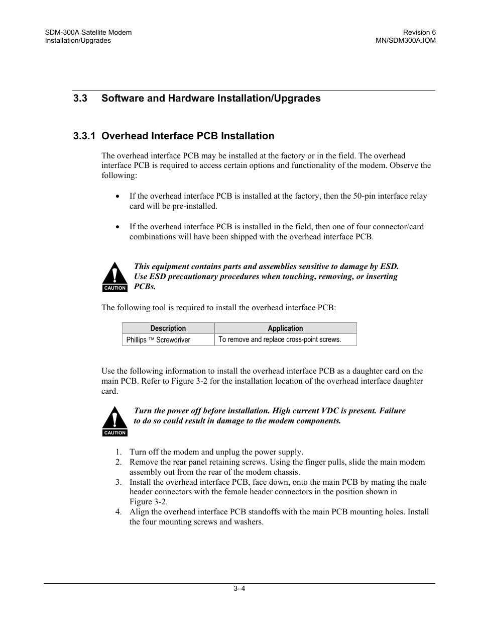 Software and hardware installation/upgrades, Overhead interface pcb installation | Comtech EF Data SDM-300A User Manual | Page 60 / 470