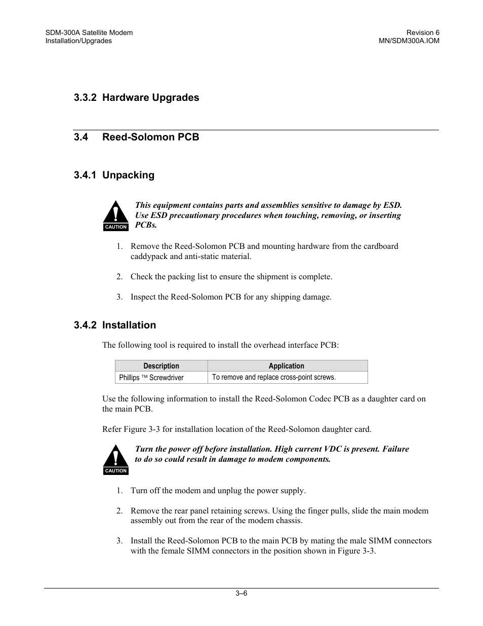 Hardware upgrades, Reed-solomon pcb, Unpacking | Installation, 2 installation | Comtech EF Data SDM-300A User Manual | Page 62 / 470