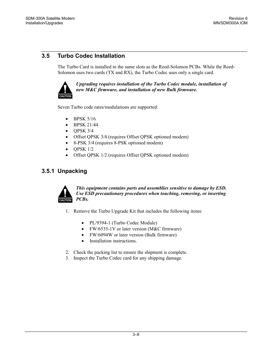 Turbo codec installation, Unpacking, 5 turbo codec installation | 1 unpacking | Comtech EF Data SDM-300A User Manual | Page 64 / 470