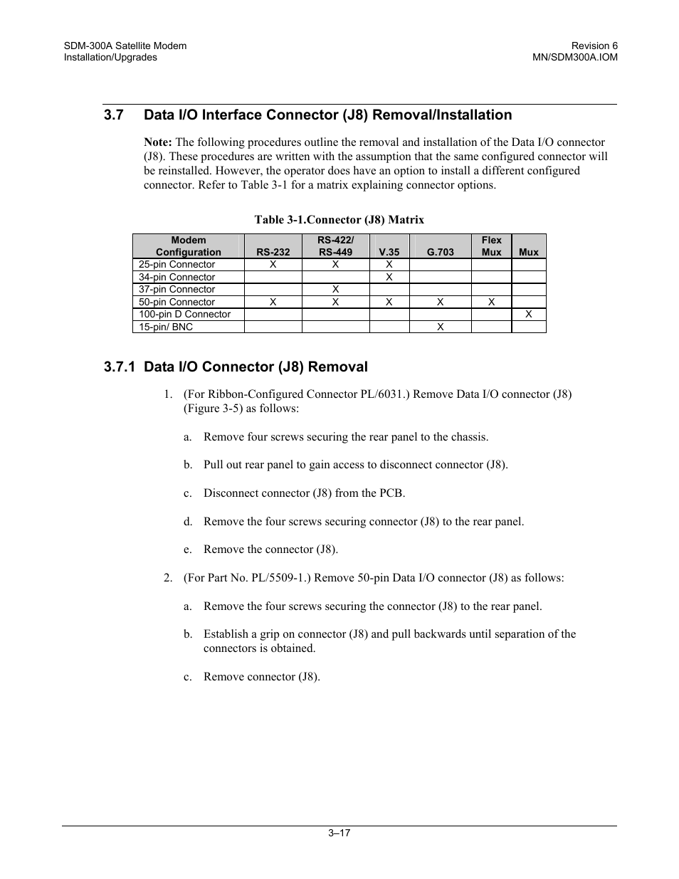 Data i/o connector (j8) removal, 1 data i/o connector (j8) removal | Comtech EF Data SDM-300A User Manual | Page 73 / 470
