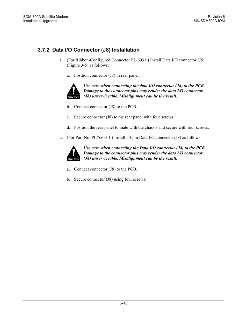 Data i/o connector (j8) installation, 2 data i/o connector (j8) installation | Comtech EF Data SDM-300A User Manual | Page 74 / 470