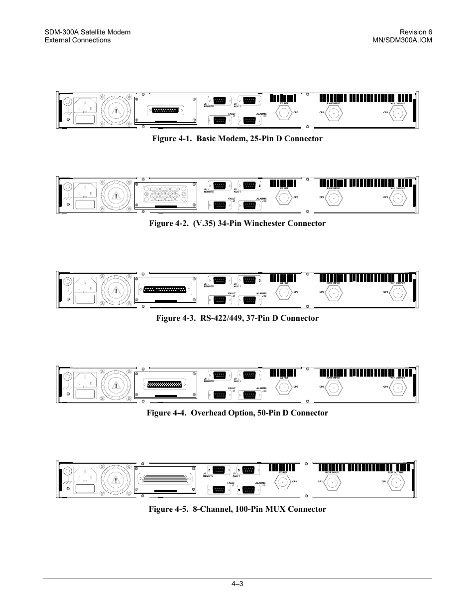 Figure 4-1. basic modem, 25-pin d connector, Figure 4-4. overhead option, 50-pin d connector | Comtech EF Data SDM-300A User Manual | Page 81 / 470