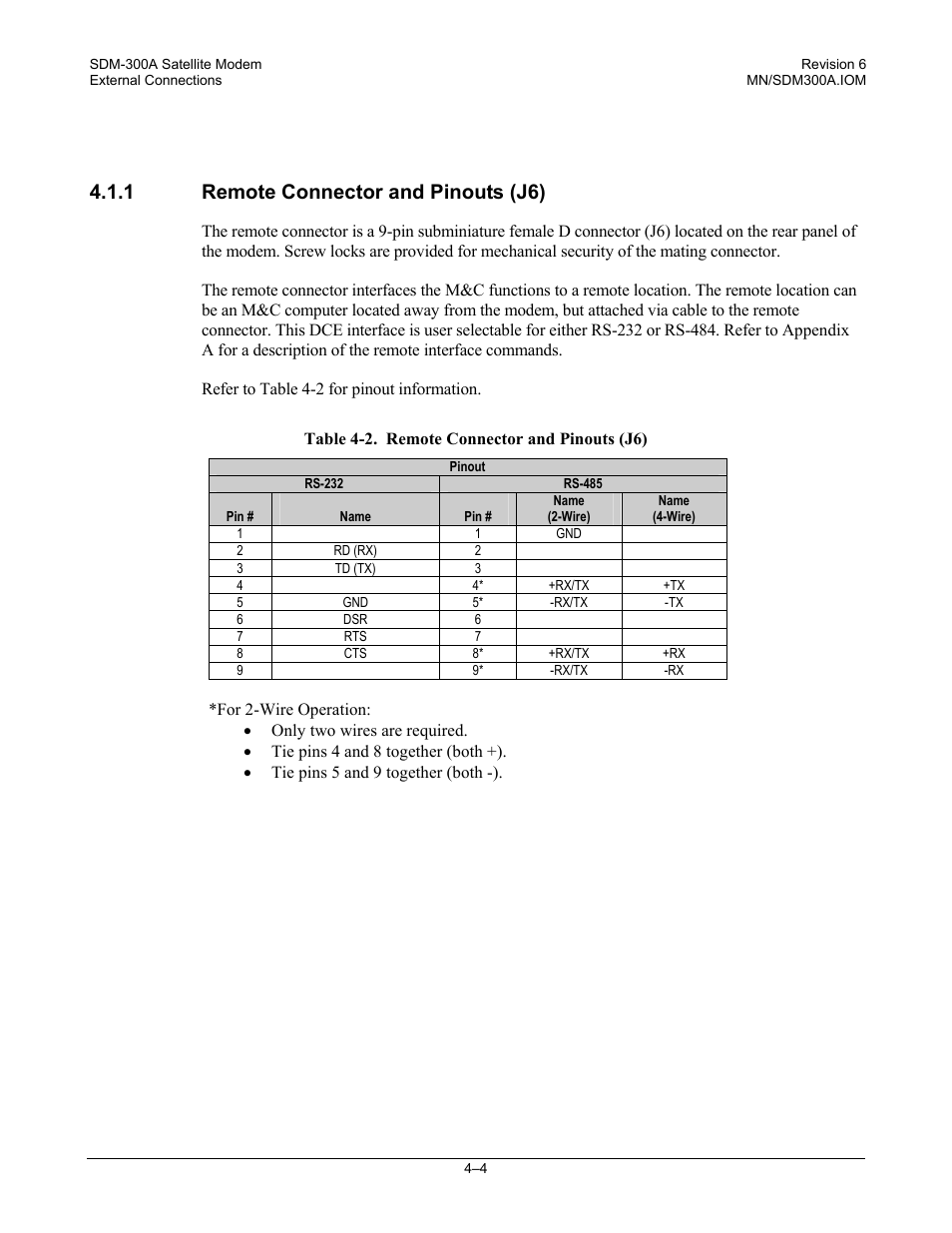 Remote connector and pinouts (j6), 1 remote connector and pinouts (j6) | Comtech EF Data SDM-300A User Manual | Page 82 / 470