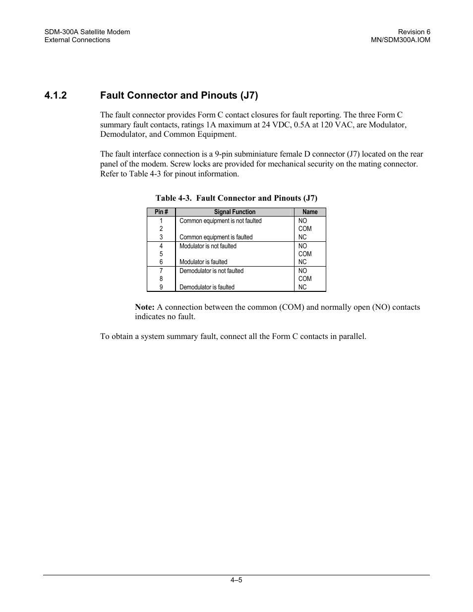 Fault connector and pinouts (j7), 2 fault connector and pinouts (j7) | Comtech EF Data SDM-300A User Manual | Page 83 / 470