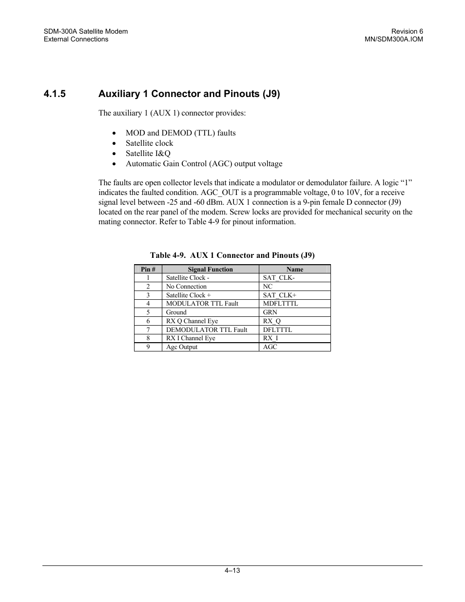 Auxiliary 1 connector and pinouts (j9), 5 auxiliary 1 connector and pinouts (j9) | Comtech EF Data SDM-300A User Manual | Page 91 / 470