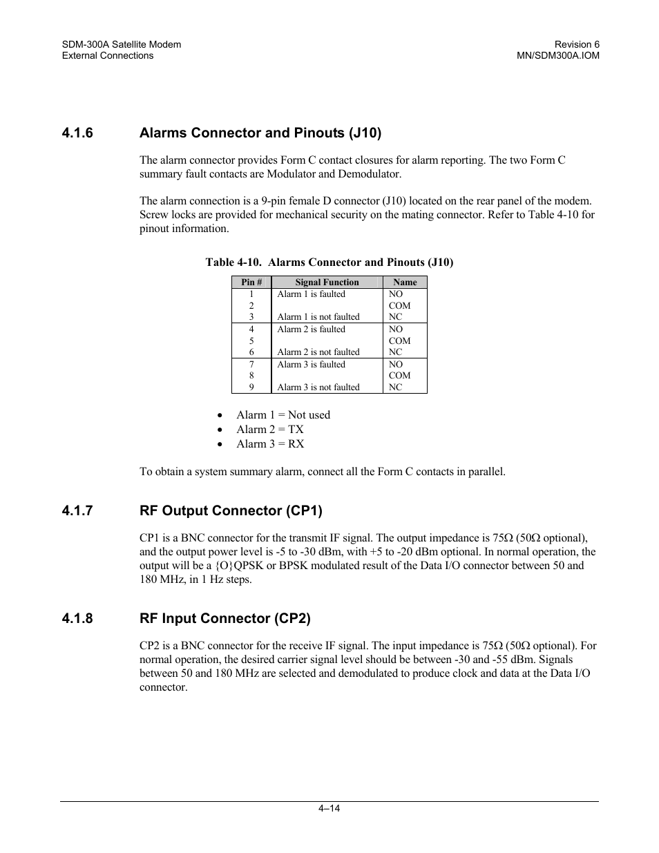 Alarms connector and pinouts (j10), Rf output connector (cp1), Rf input connector (cp2) | 6 alarms connector and pinouts (j10), 7 rf output connector (cp1), 8 rf input connector (cp2) | Comtech EF Data SDM-300A User Manual | Page 92 / 470