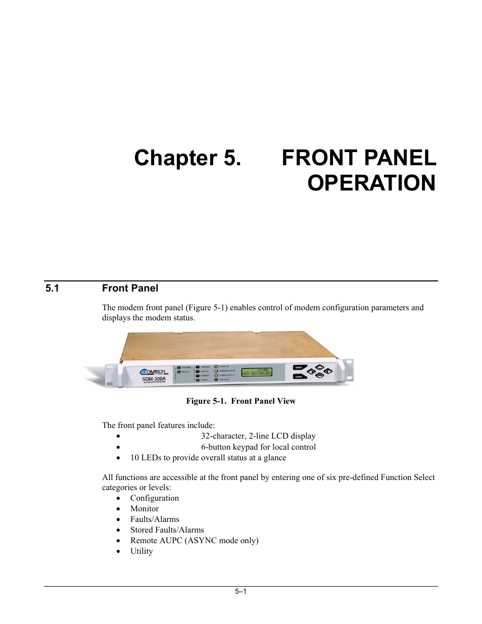 Front panel operation, Front panel, Chapter 5. front panel operation | Comtech EF Data SDM-300A User Manual | Page 95 / 470