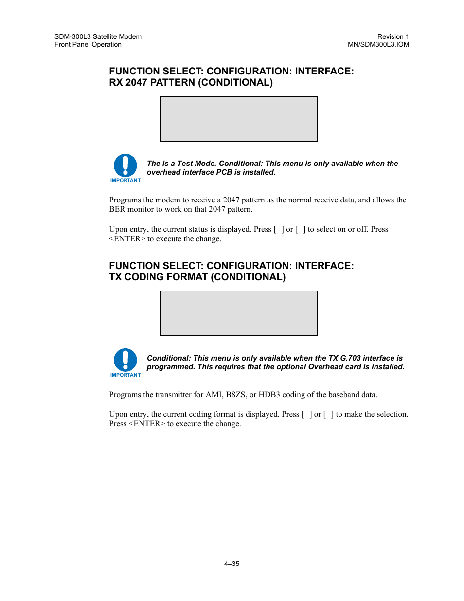 Rx 2047 pattern off, Tx coding format off | Comtech EF Data SDM-300L3 User Manual | Page 103 / 408