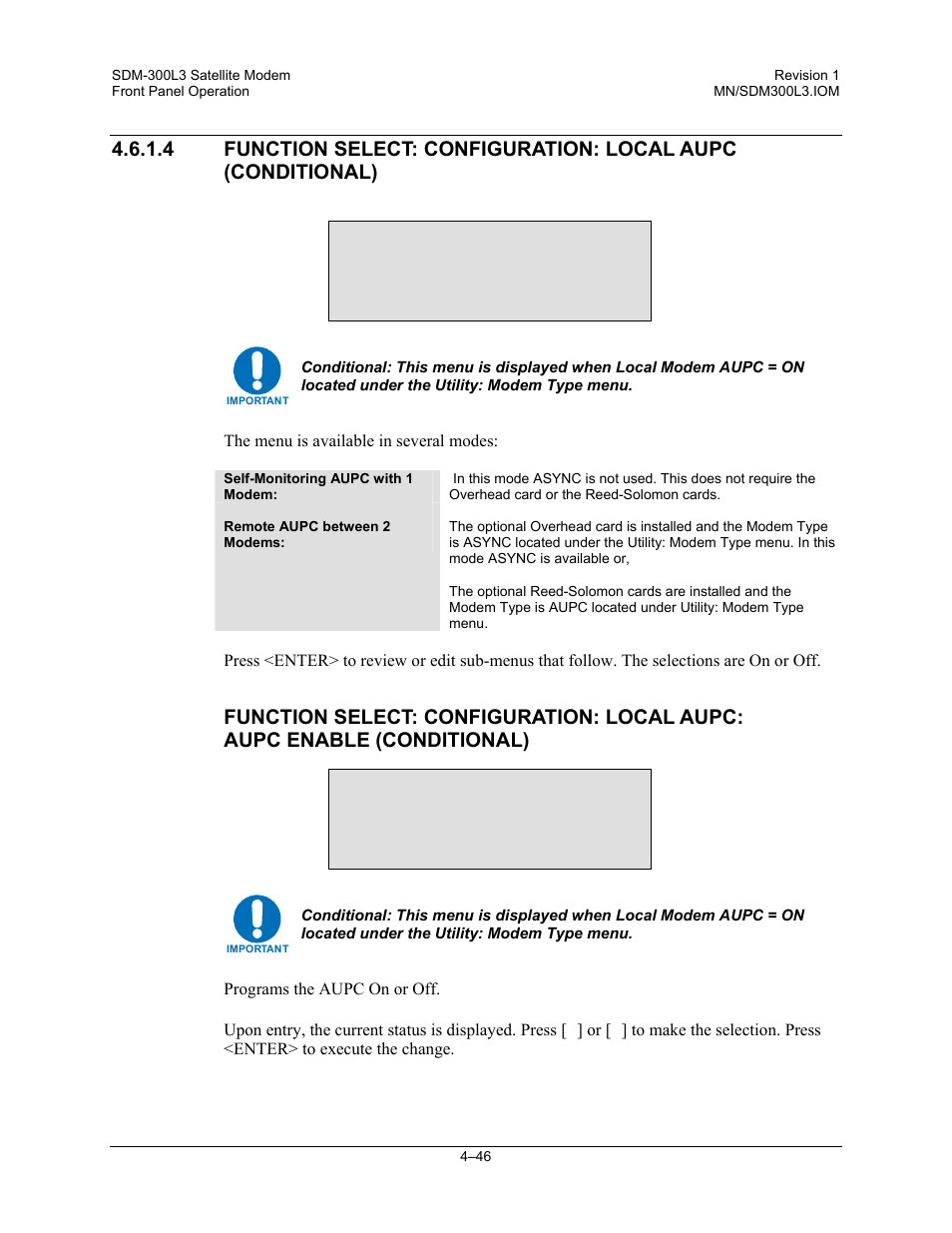 Configuration local aupc, Aupc enable off | Comtech EF Data SDM-300L3 User Manual | Page 114 / 408