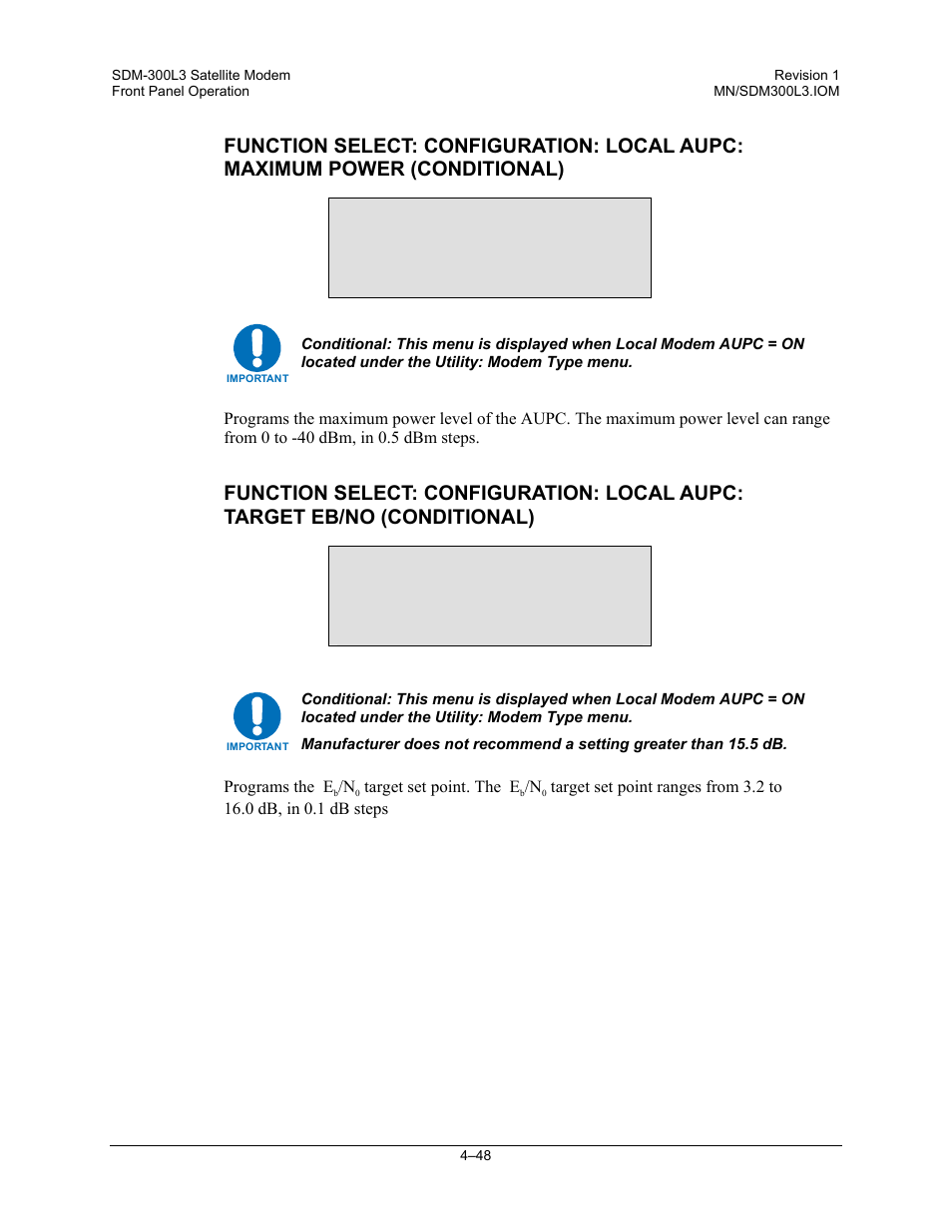 Maximum power -5.0 dbm, Target eb/no 6.0 db | Comtech EF Data SDM-300L3 User Manual | Page 116 / 408