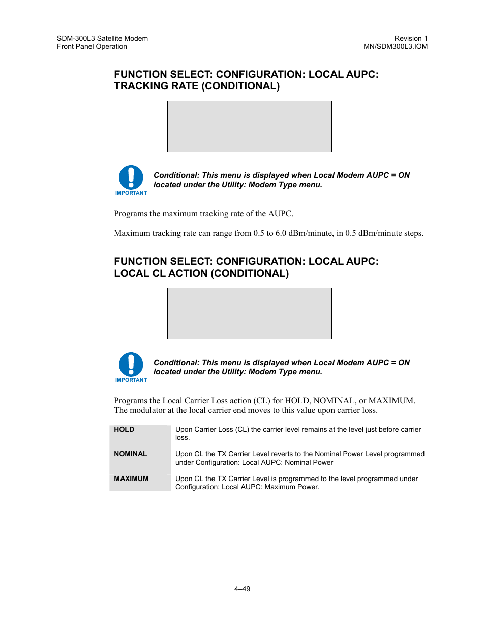 Tracking rate 5.0 db/min, Local cl action hold | Comtech EF Data SDM-300L3 User Manual | Page 117 / 408